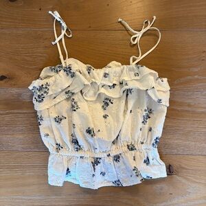 Embroidered Cream & Navy Floral Ruffle Tank